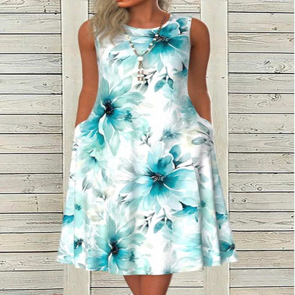 modlily blue tummy coverage floral print sleeveless round neck dress