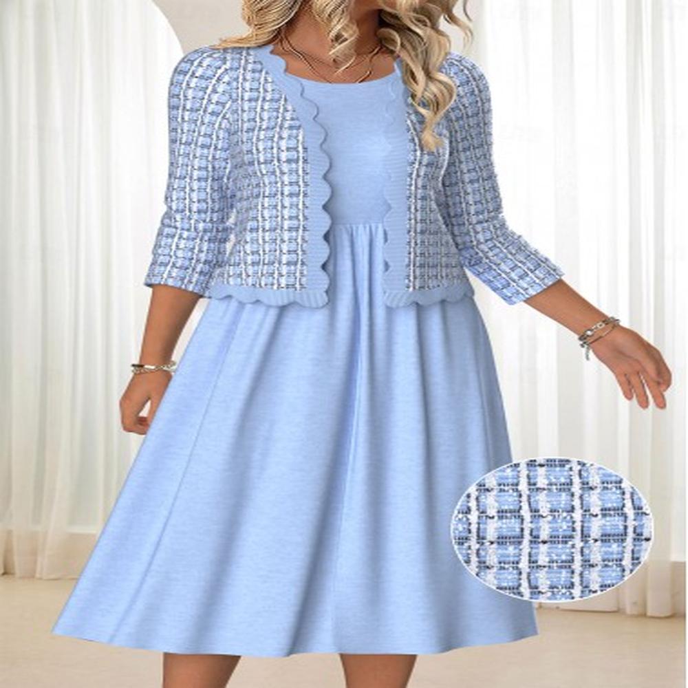 modlily blue tummy coverage plaid long sleeve dress and cardigan