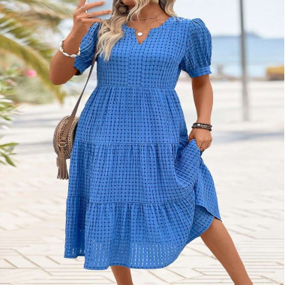 modlily blue tummy coverage short sleeve split neck dress