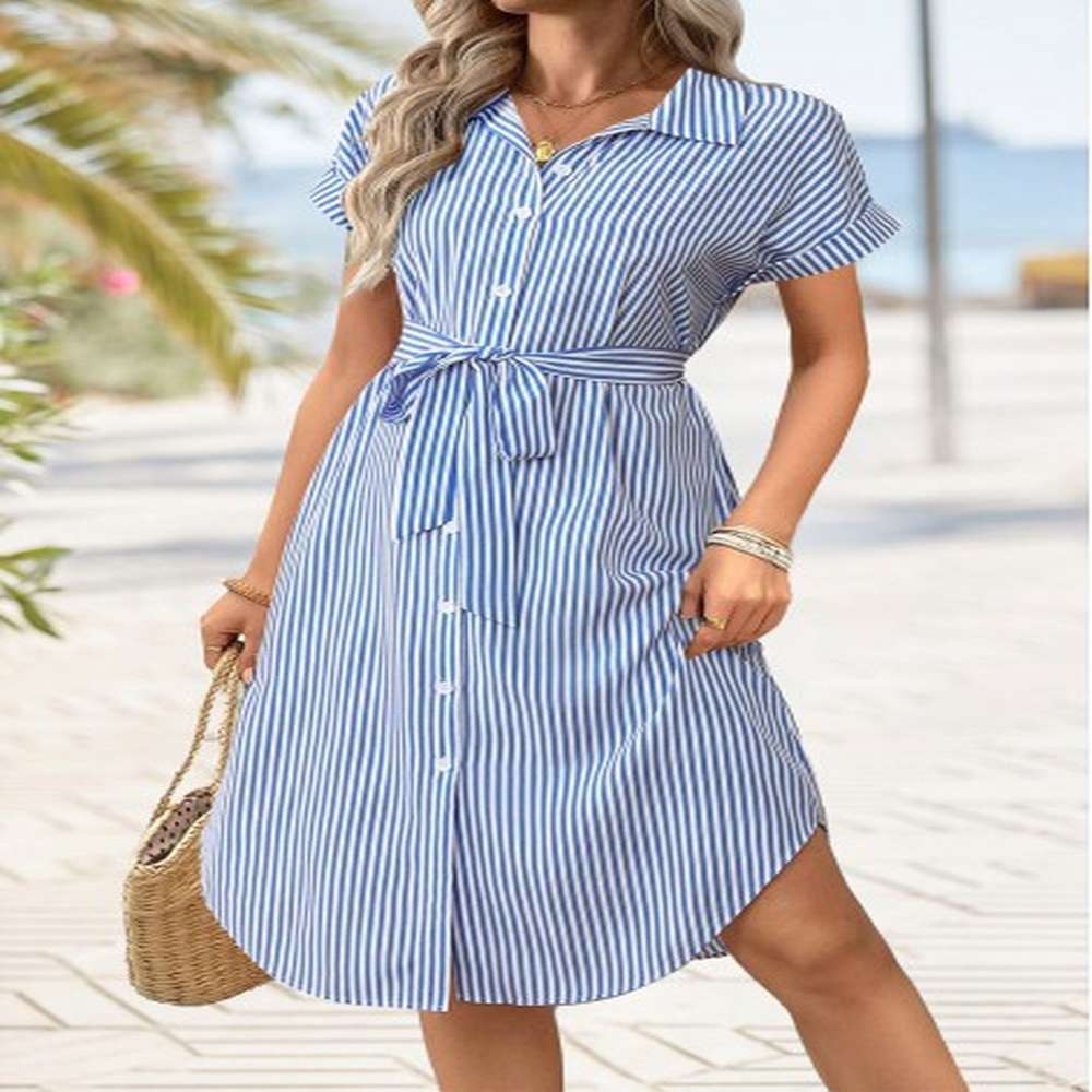 modlily blue tummy coverage striped belted short sleeve dress