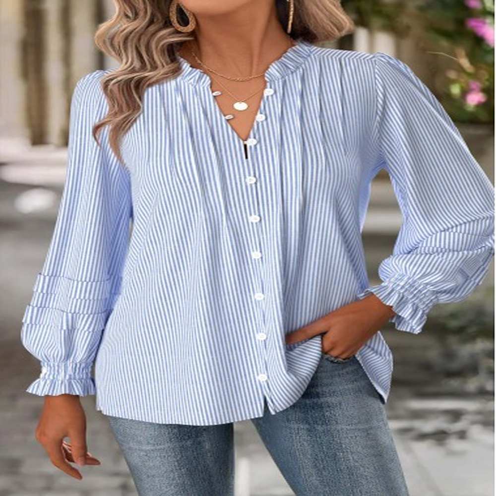 modlily blue tummy coverage striped long sleeve split neck blouse
