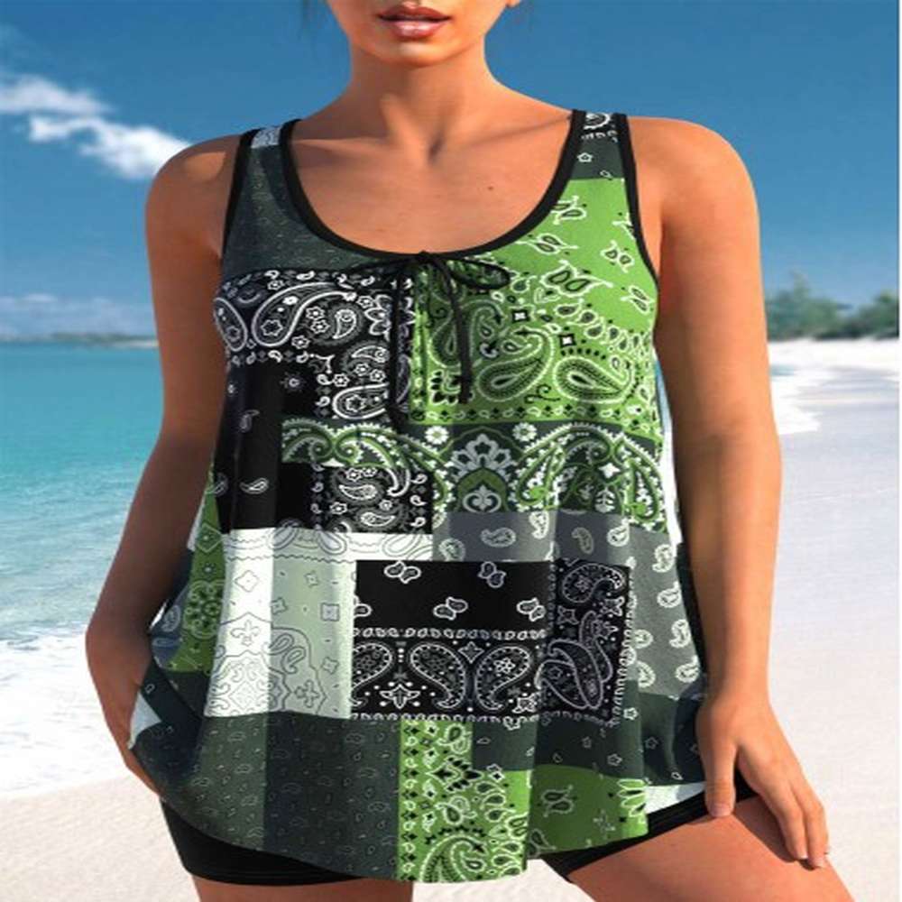 modlily bowknot blackish green paisley print tankini top s