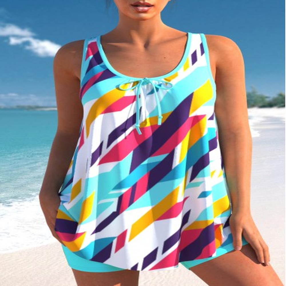 modlily bowknot geometric print cyan tankini top s