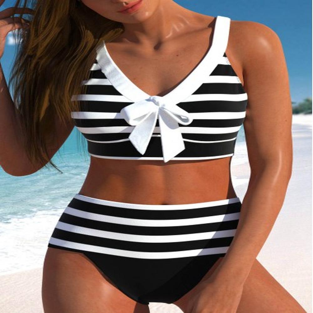 modlily bowknot high waisted striped black bikini set xl