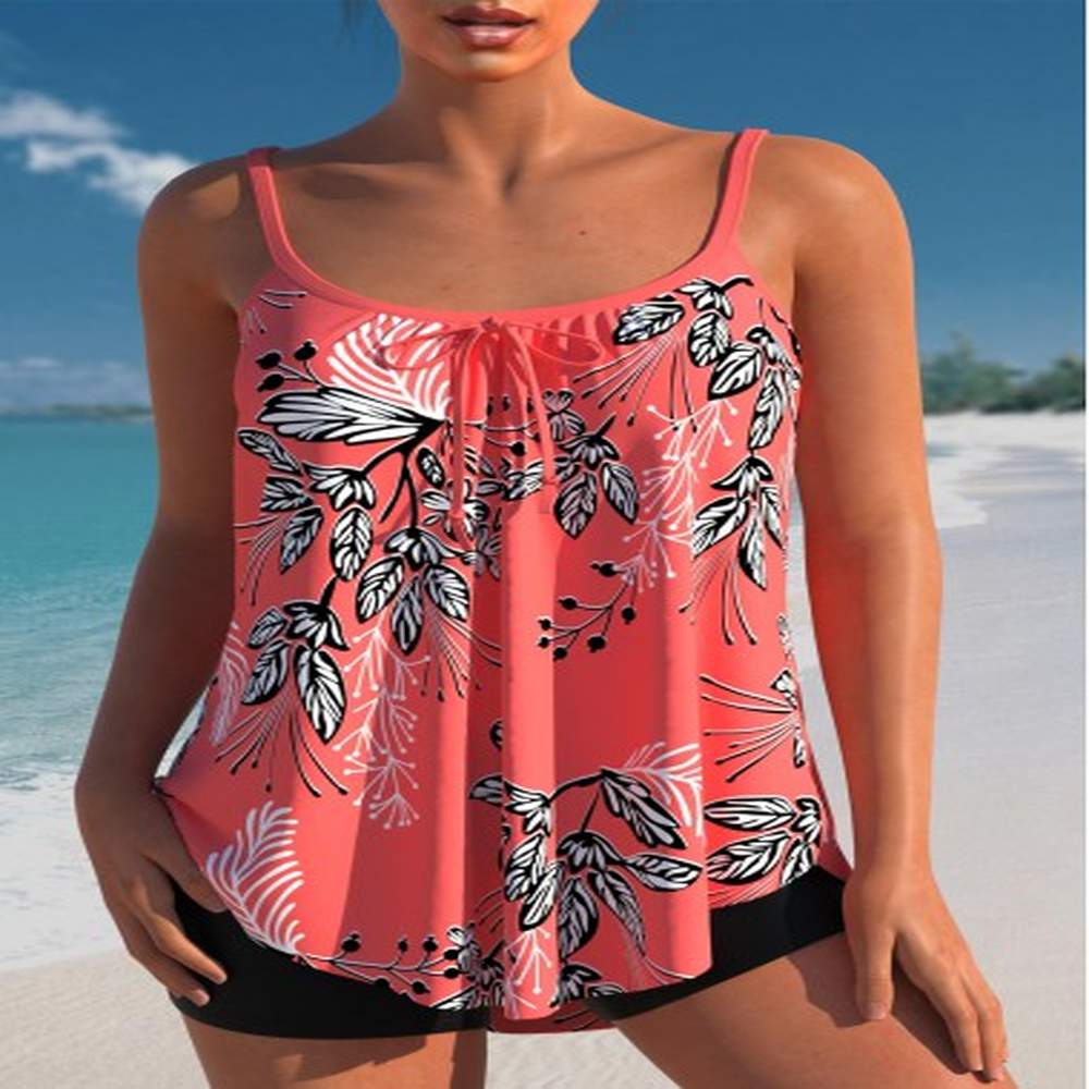 modlily bowknot leaf print coral red tankini set m