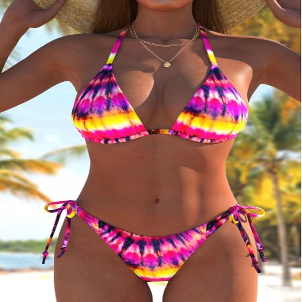 modlily bowknot tie dye print hot pink bikini set