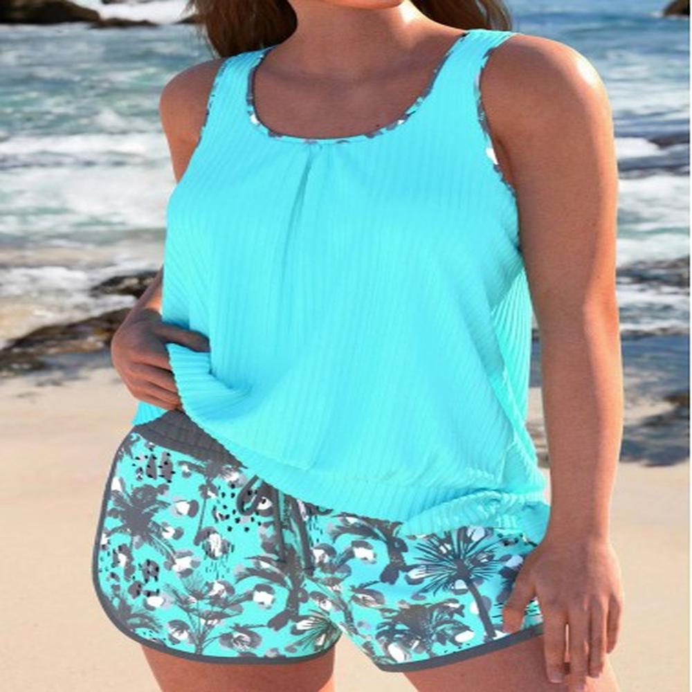 modlily bowknot tropical plants print cyan tankini set xxl