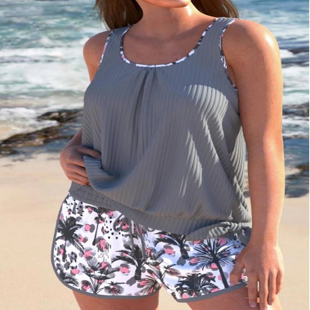 modlily bowknot tropical plants print grey tankini set m