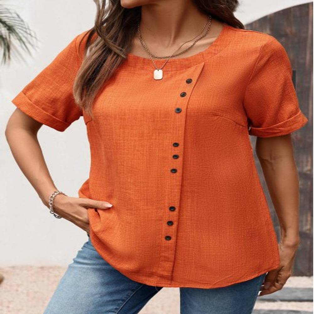 modlily brick red button short sleeve round neck blouse