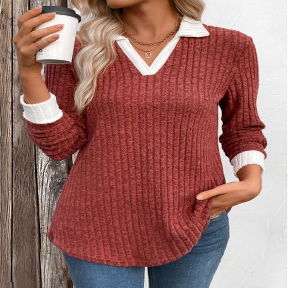 modlily brick red patchwork long sleeve t shirt s