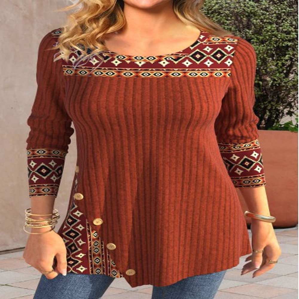 modlily brick red patchwork tribal print long sleeve t shirt