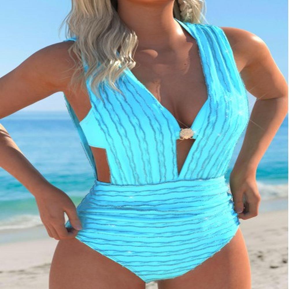 modlily button vneck cyan one piece swimwear and bra