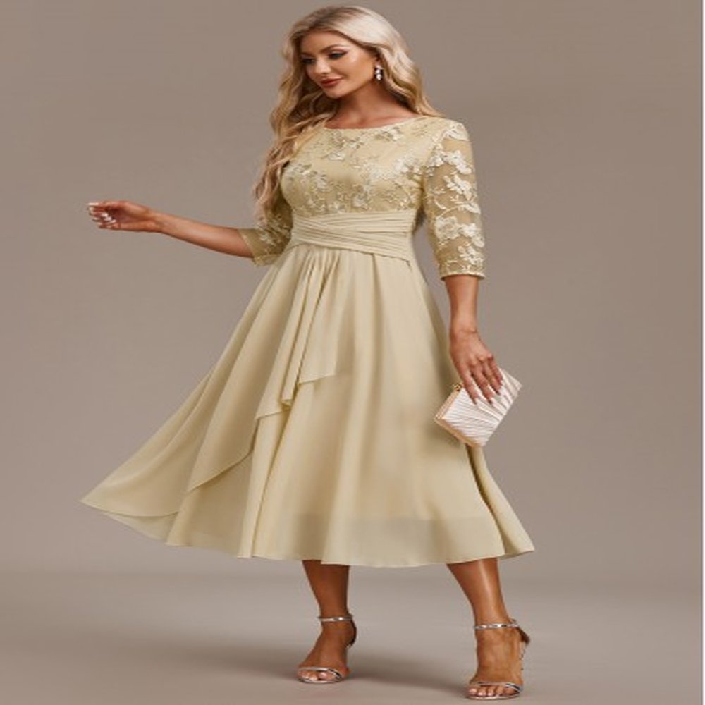 modlily champagne embroidery cocktail dress sleeve round neck dress