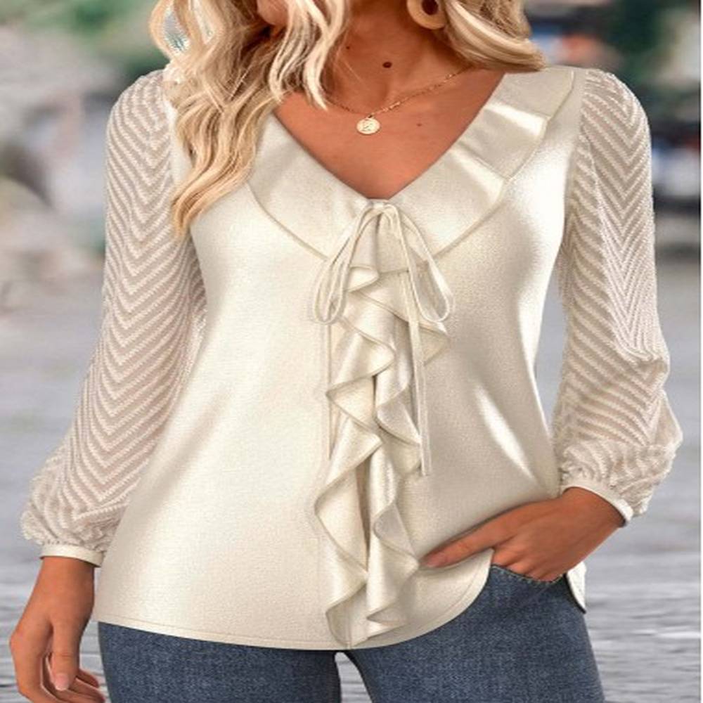 modlily champagne patchwork long sleeve v neck blouse m