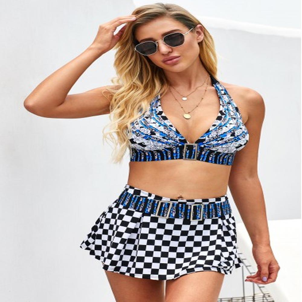 modlily checkered print halter buckle detail bikini set xxl