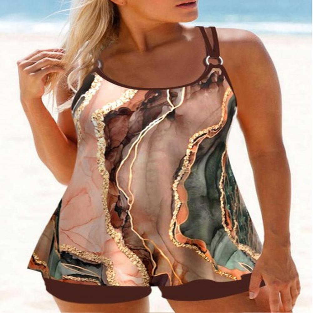 modlily circular ring marble print dark coffee tankini set