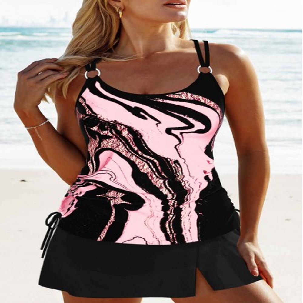 modlily circular ring wave pattern print pink tankini set