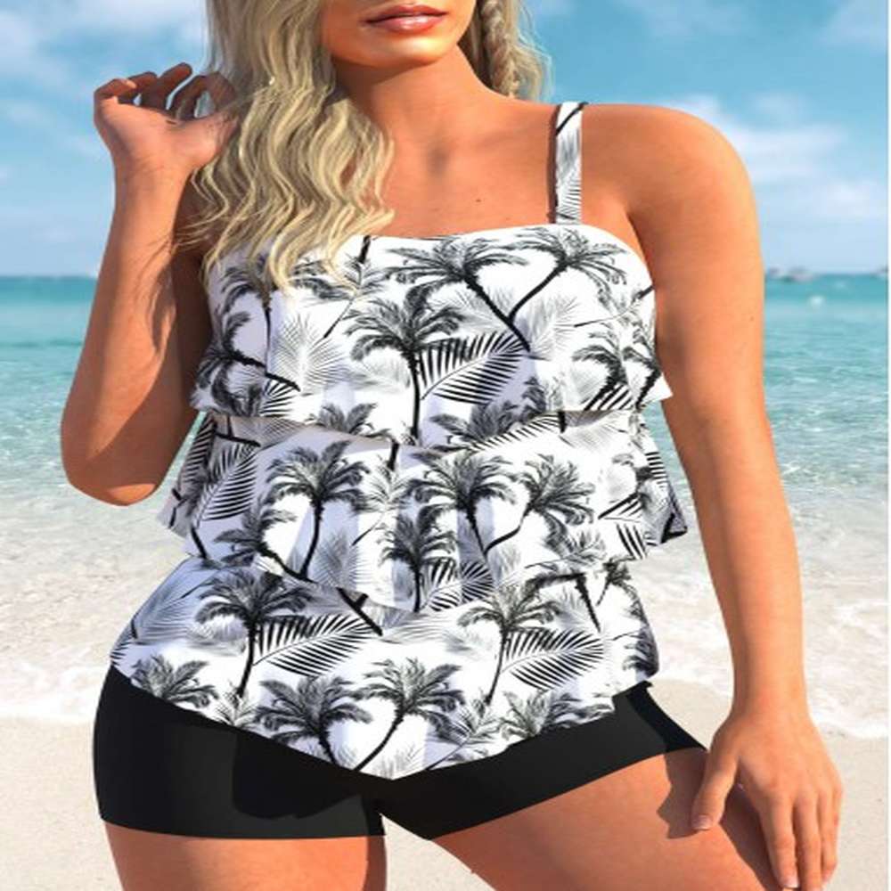 modlily coconut print layered hem white tankini top xl