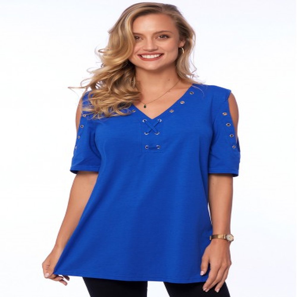 modlily cold shoulder solid v neck t shirt s