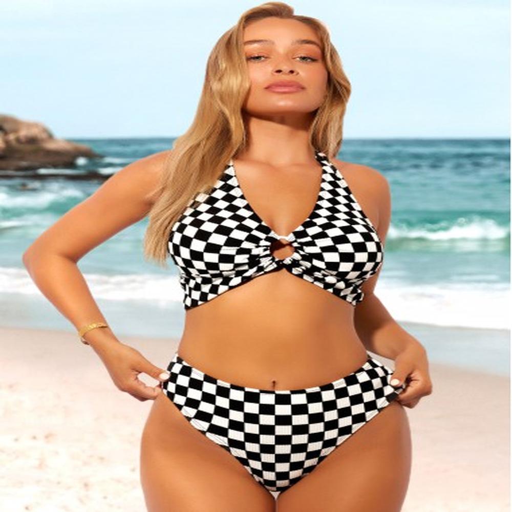 modlily color block high waisted checkered print bikini set
