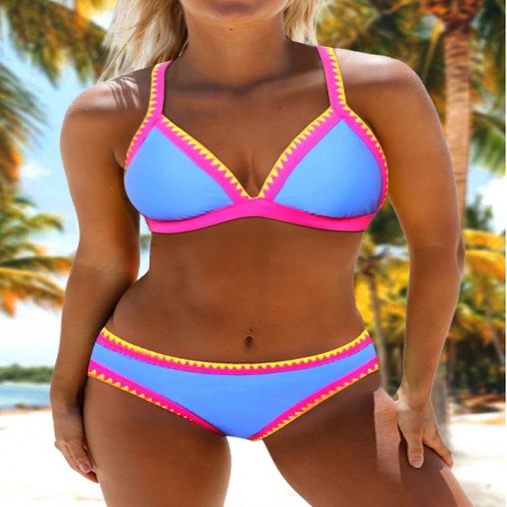 modlily contrast binding dusty blue mid waist bikini set