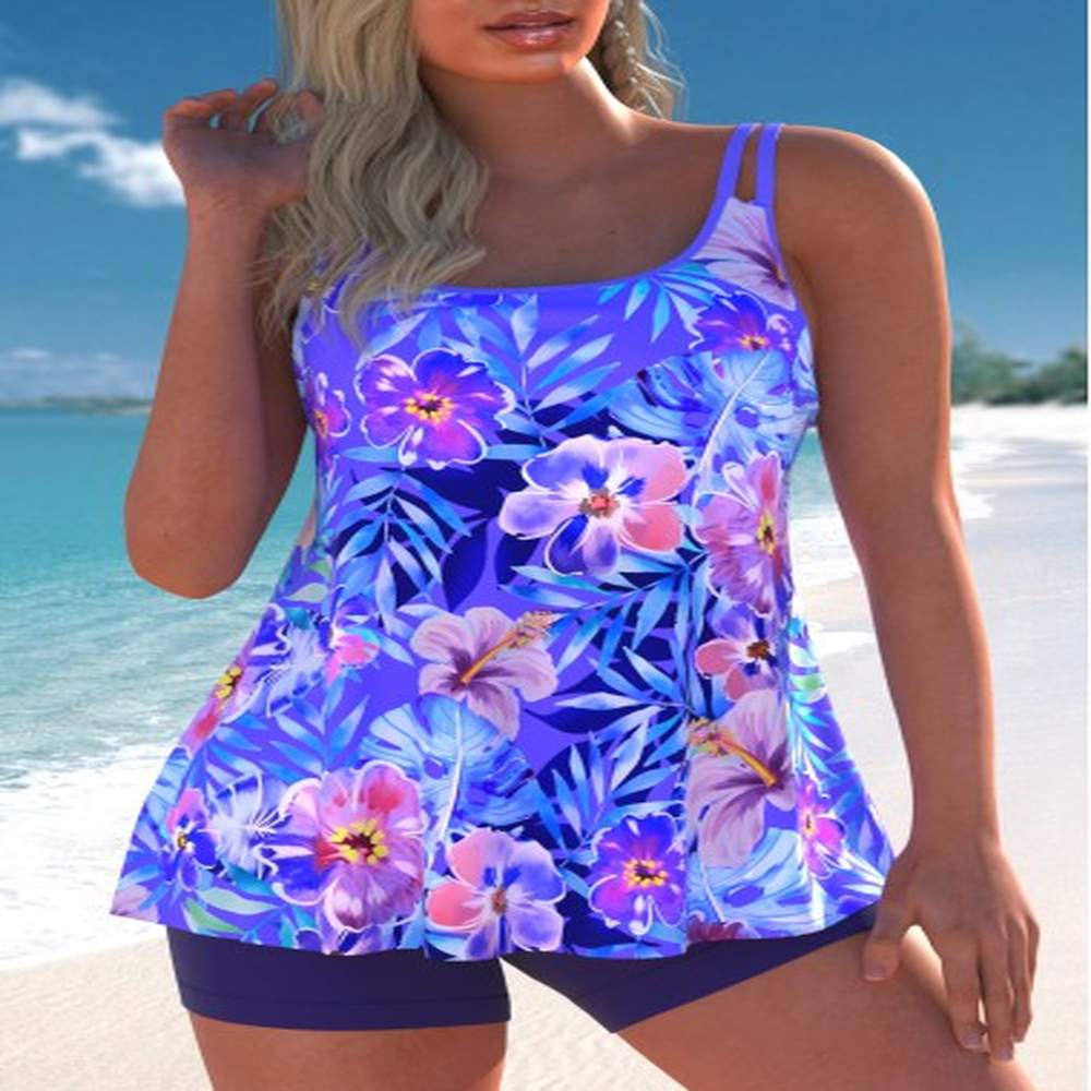 modlily contrast binding floral print purple tankini set m