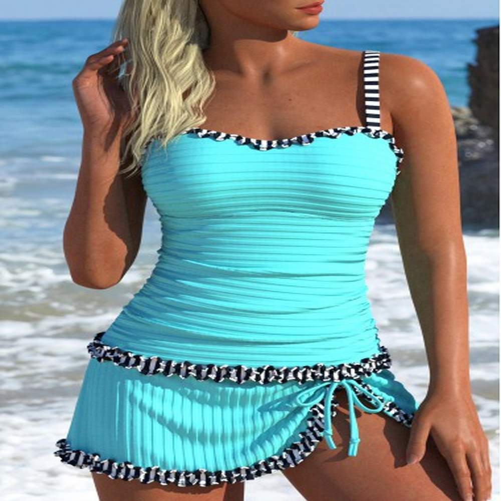 modlily contrast binding mid waisted striped cyan tankini set