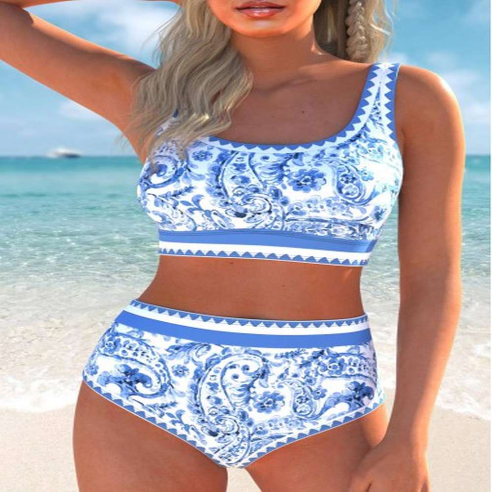 modlily contrast binding paisley print dusty blue bikini set