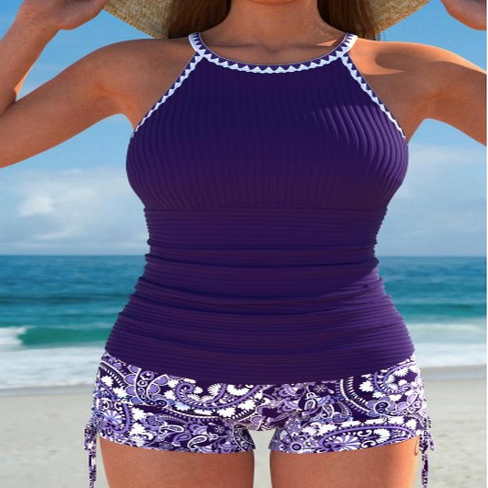 modlily contrast binding paisley print purple tankini set l