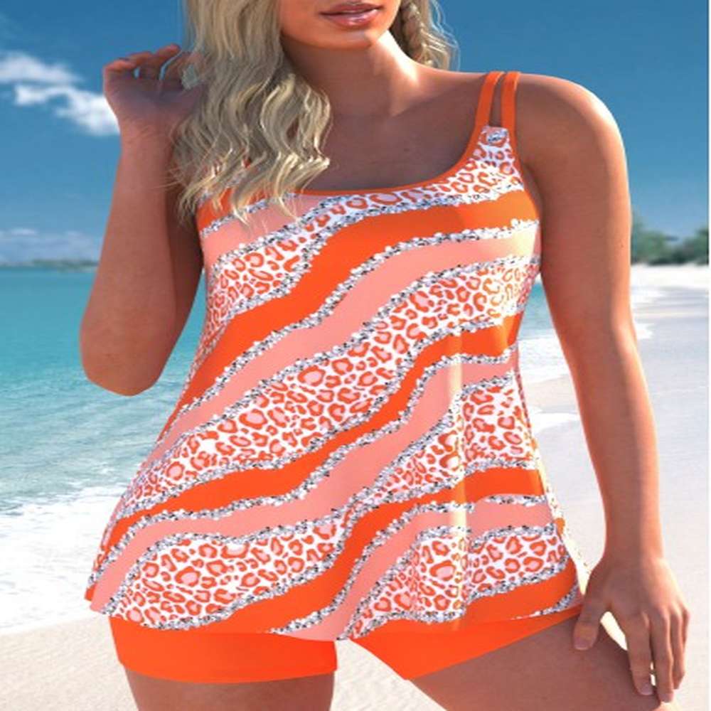 modlily contrast binding striped orange tankini set xxl