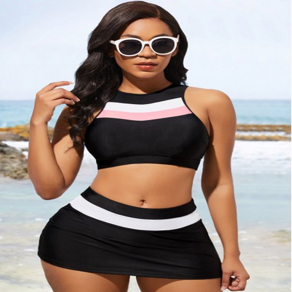 modlily contrast mid waist black bikini set xxl