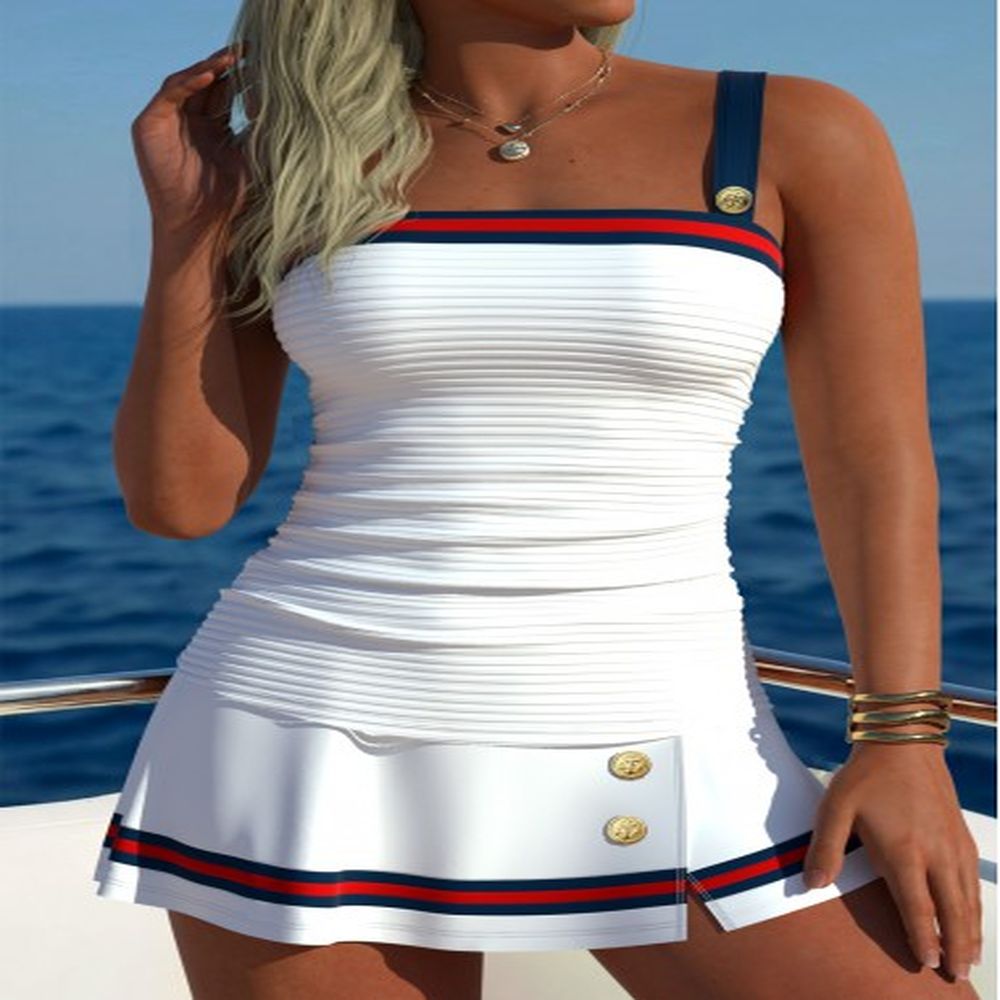 modlily contrast piping high waisted striped white tankini set