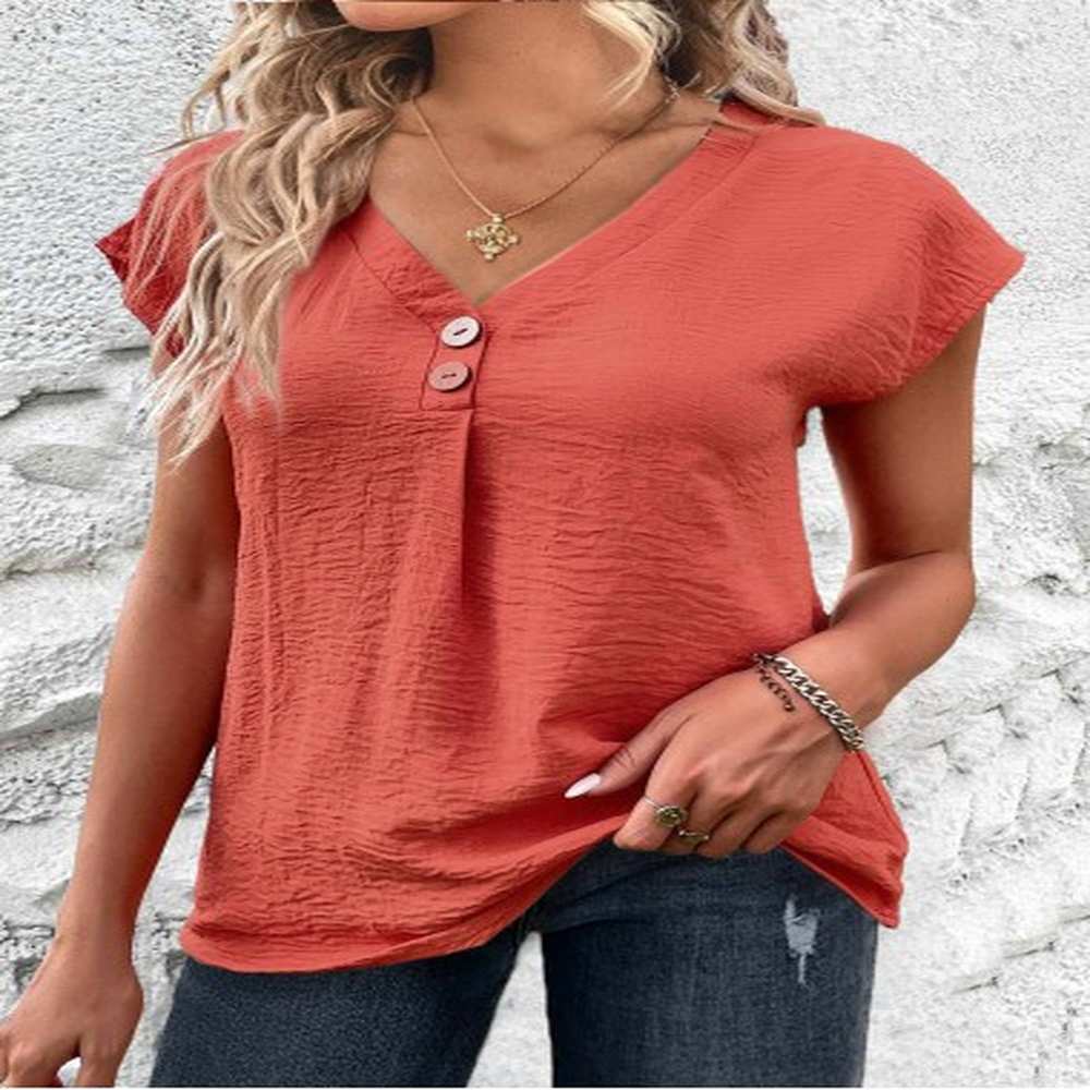 modlily coral button short sleeve v neck blouse m