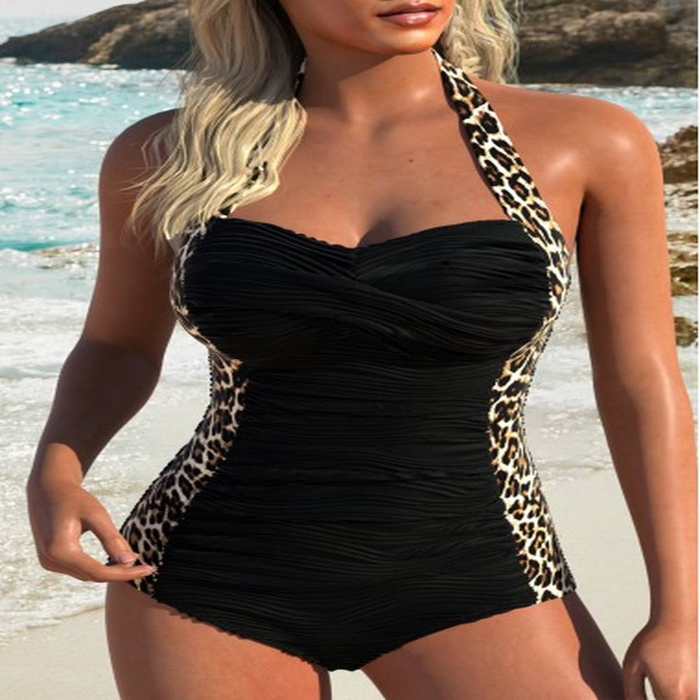 modlily criss cross animal print black one piece swimwear