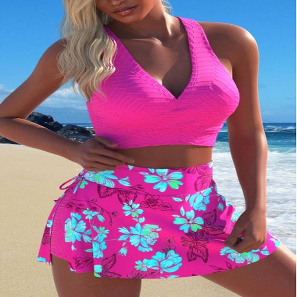modlily criss cross floral print neon rose red bikini set