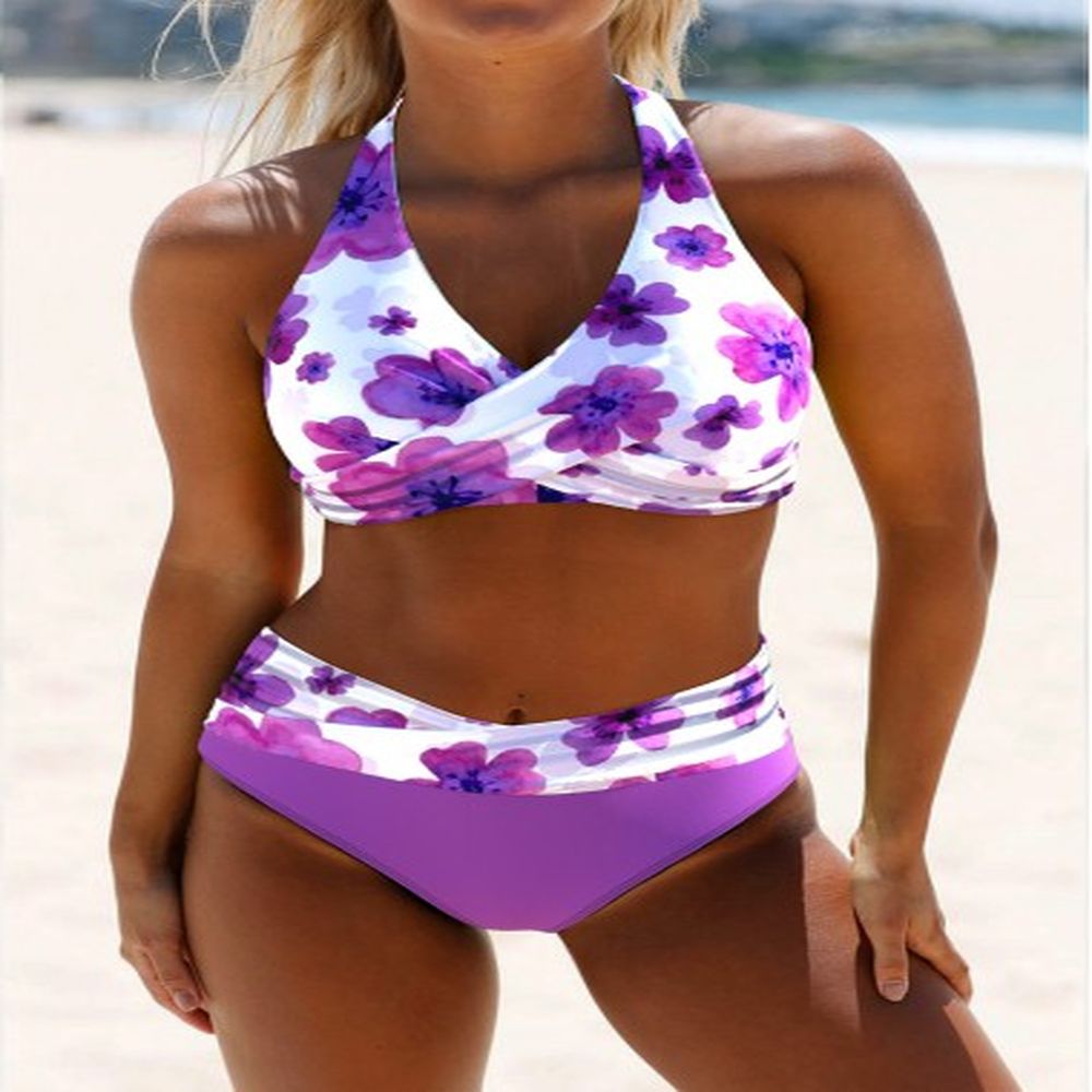 modlily criss cross floral print purple bikini set s