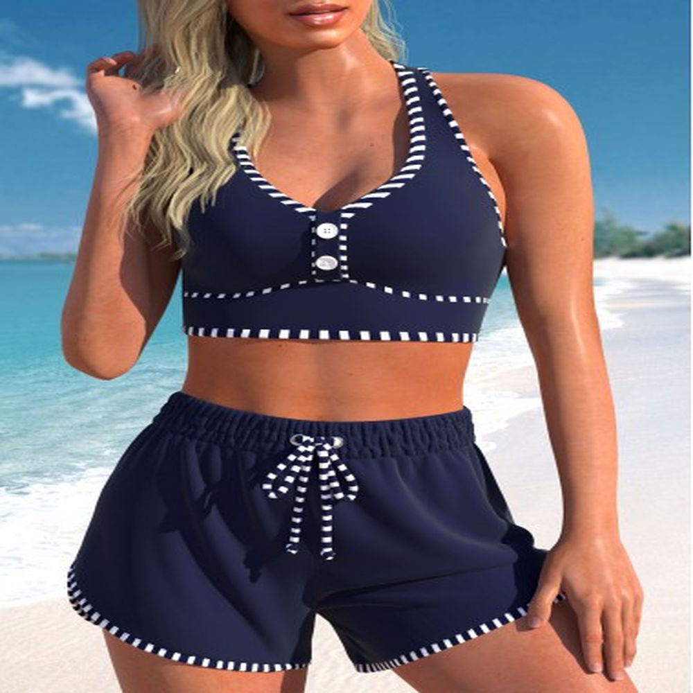 modlily criss cross high waisted striped navy bikini set