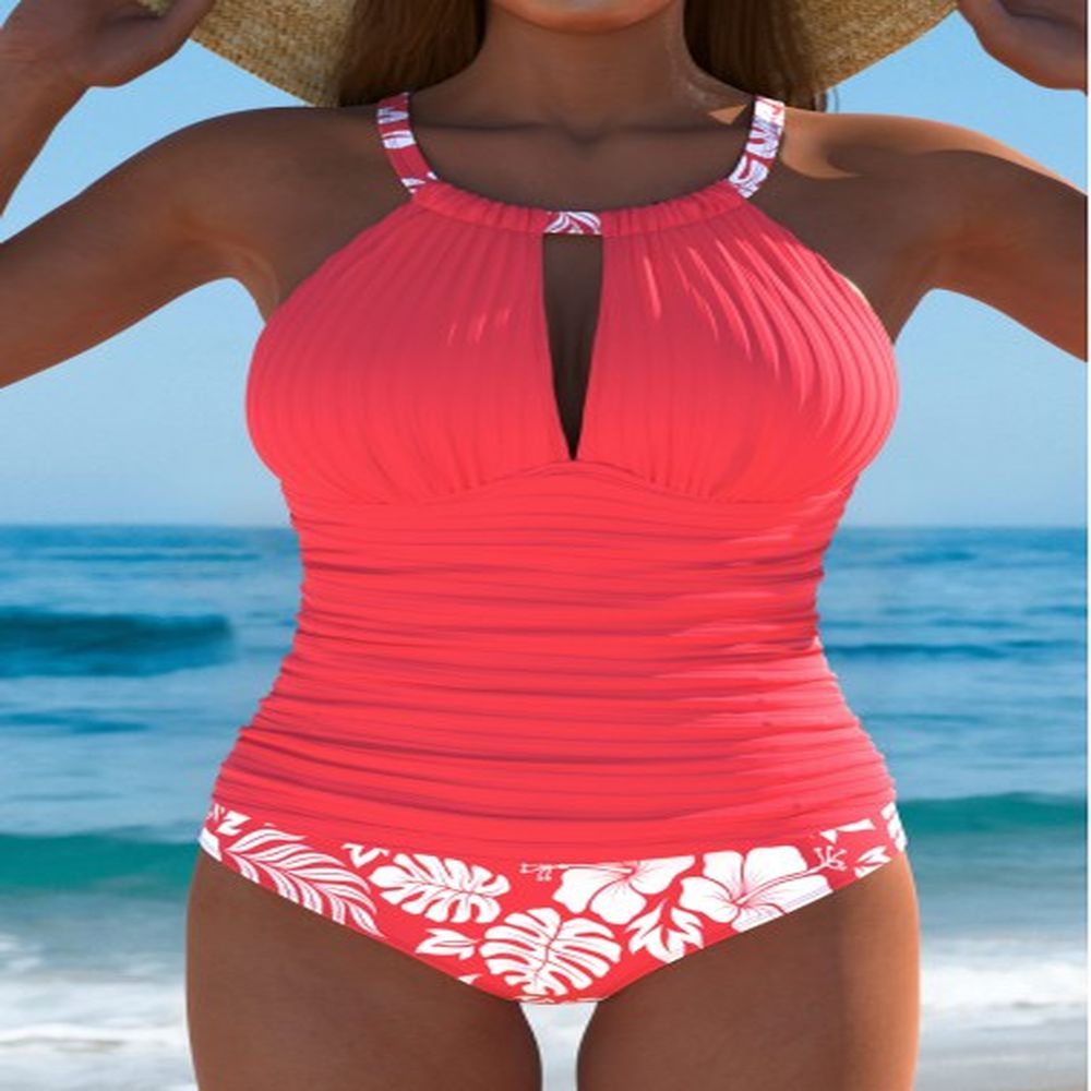modlily criss cross mid waisted floral print tankini set