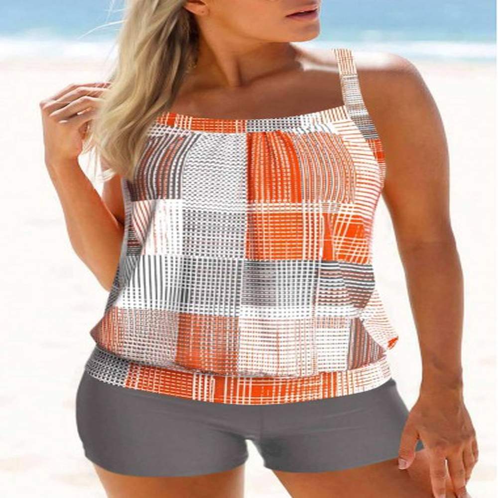 modlily criss cross mid waisted geometric print orange tankini set