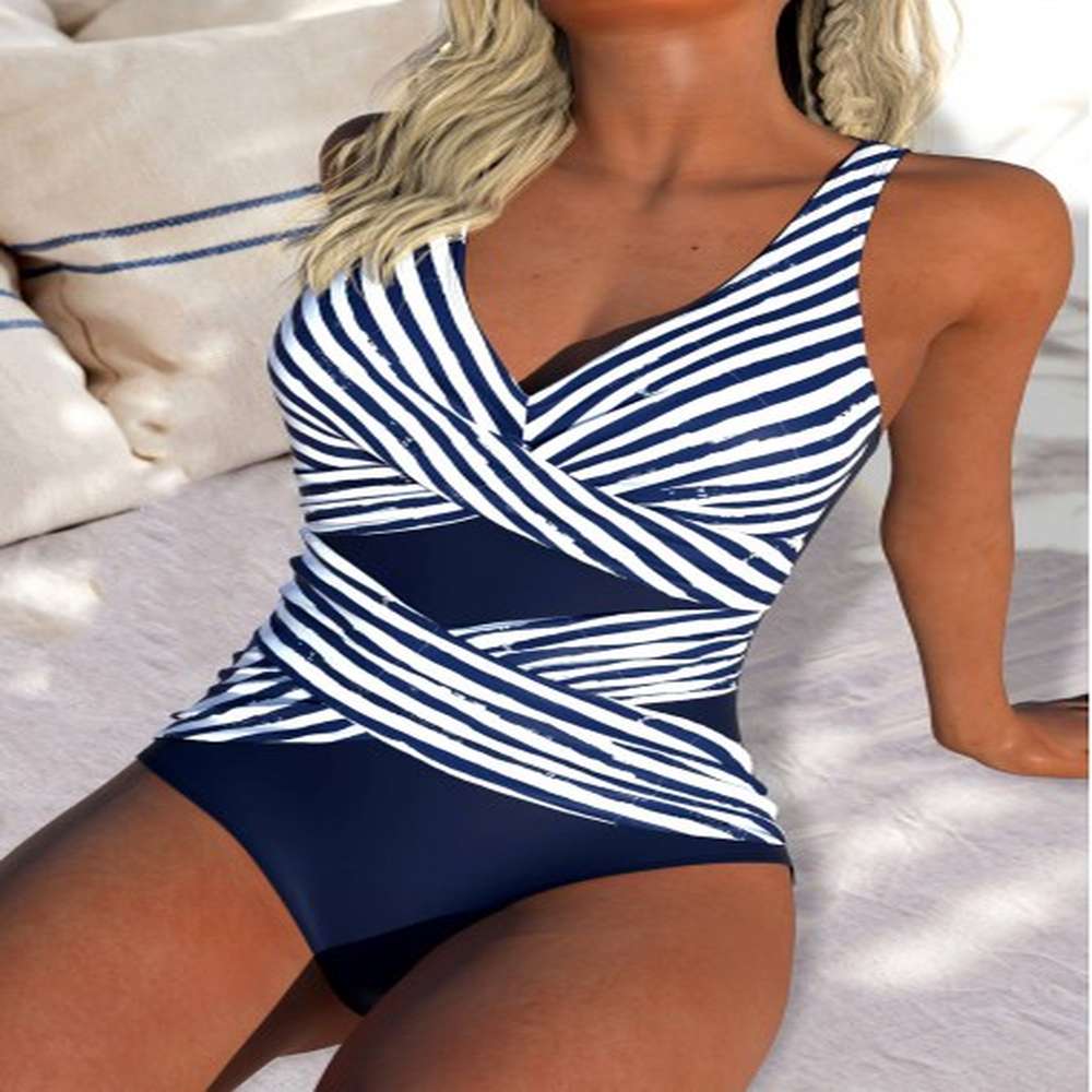 modlily criss cross striped navy one piece swimwear s