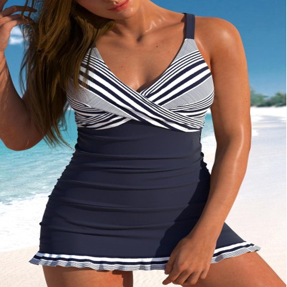 modlily criss cross striped navy swimdress and panty xl