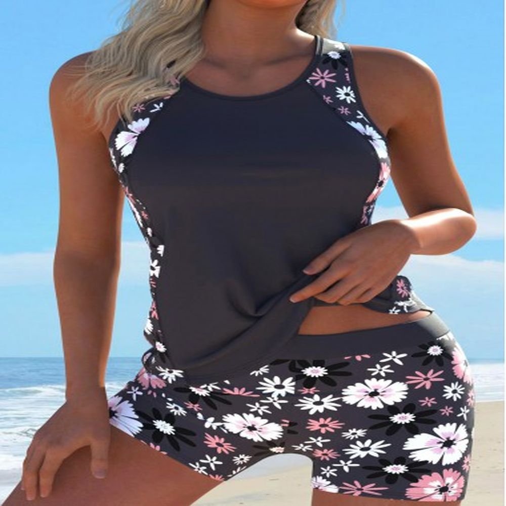 modlily cut out floral print gray brown tankini set
