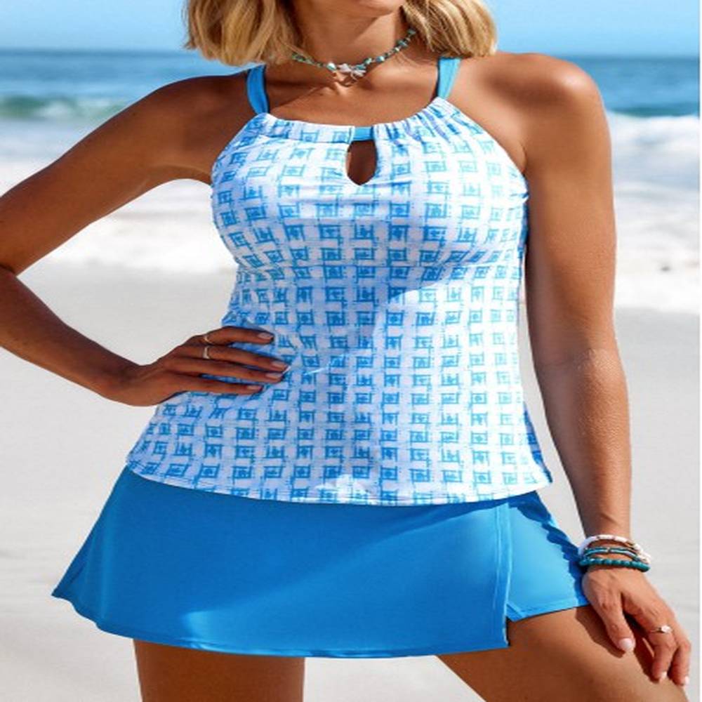 modlily cut out mid waisted geometric print tankini set