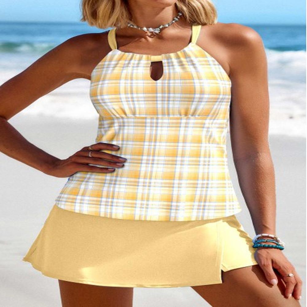modlily cut out plaid light yellow tankini set xl