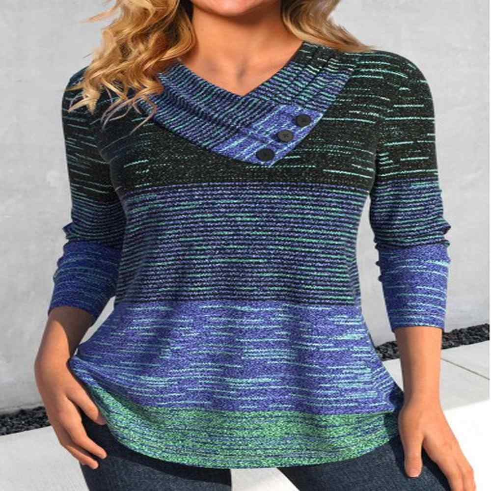 modlily cyan button striped long sleeve v neck t shirt