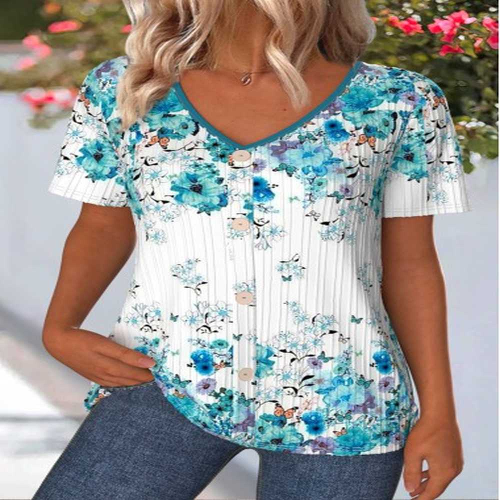 modlily cyan floral print short sleeve v neck t shirt