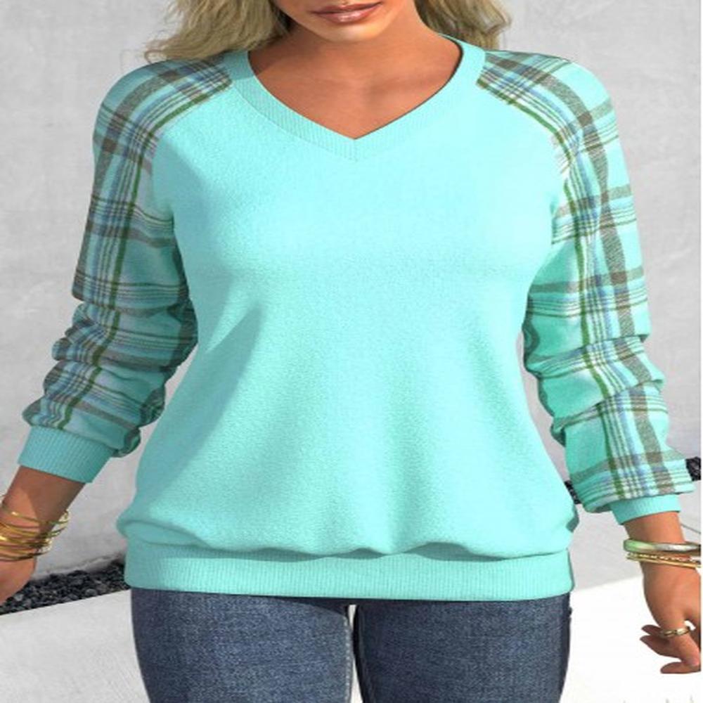 modlily cyan patchwork plaid long sleeve v neck sweatshirt