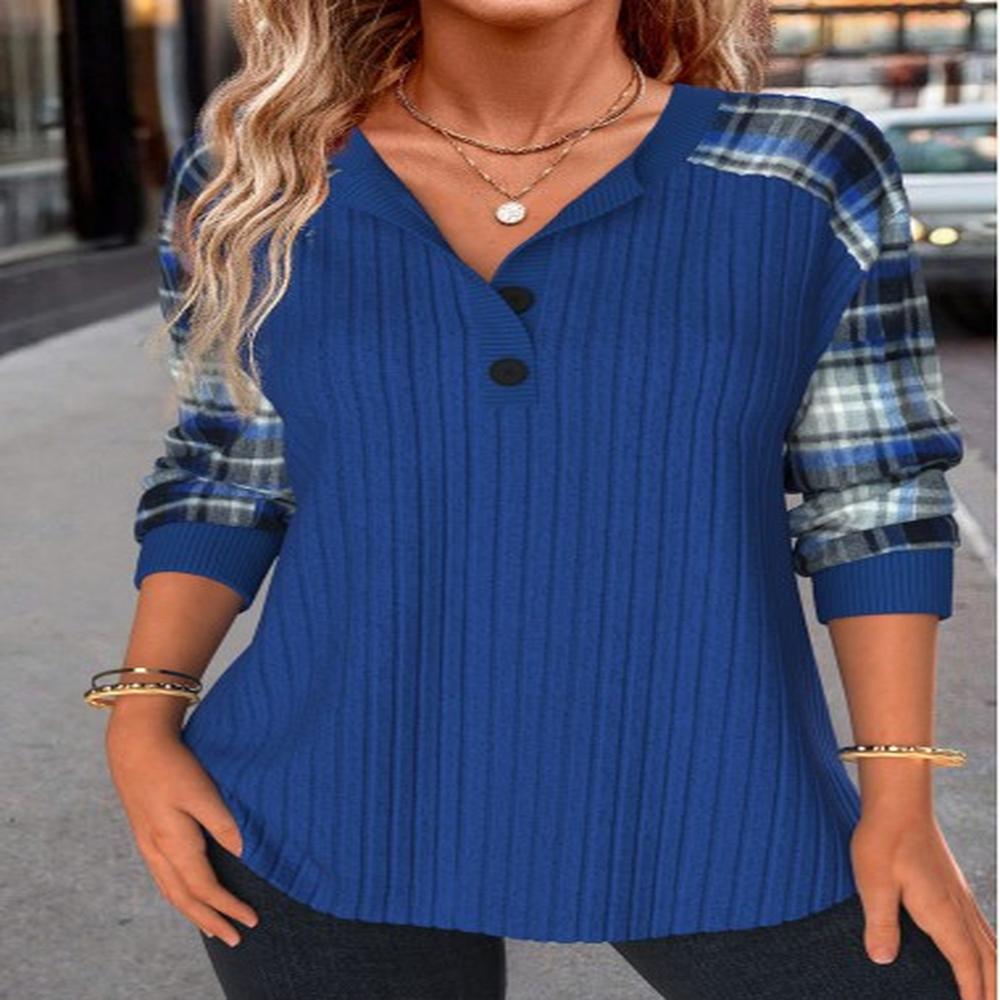 modlily dark blue button plaid long sleeve split neck sweatshirt