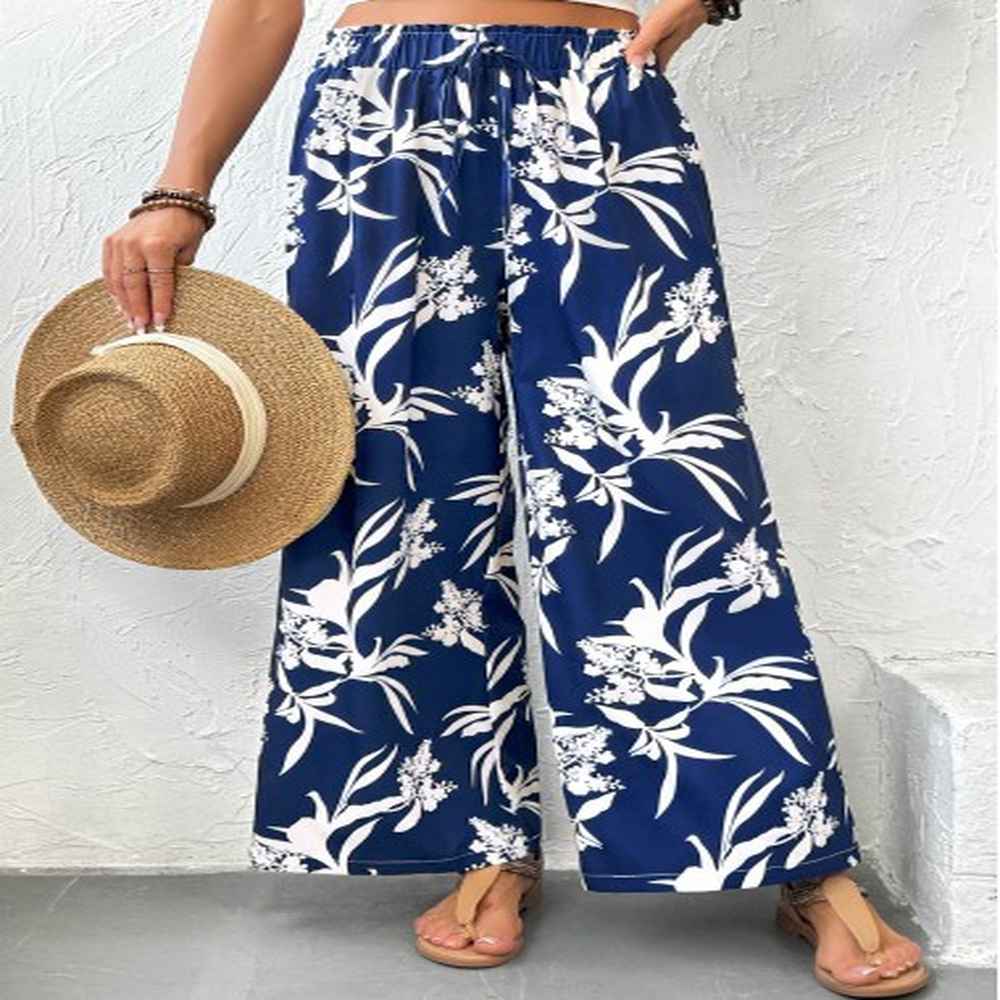 modlily dark blue plants print wide leg elastic waist pants