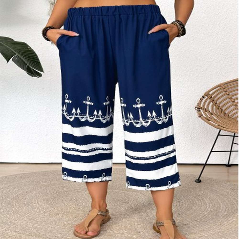 modlily dark blue tribal print straight leg elastic waist pants
